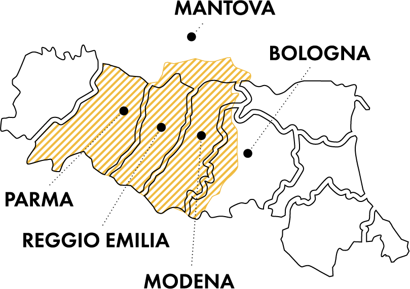Mappa area di produzione DOP: Parma, Reggio Emilia, Modena, Bologna (ovest del Reno), Mantova (sud del Po)